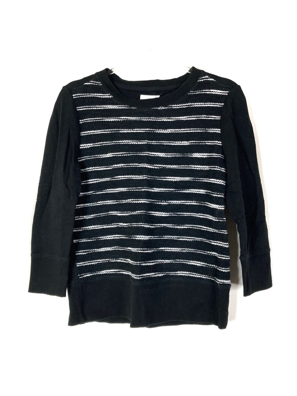 Lou & Grey Black White Stripe French Terry Cotton 3/4 Sleeve Sweater Womens S